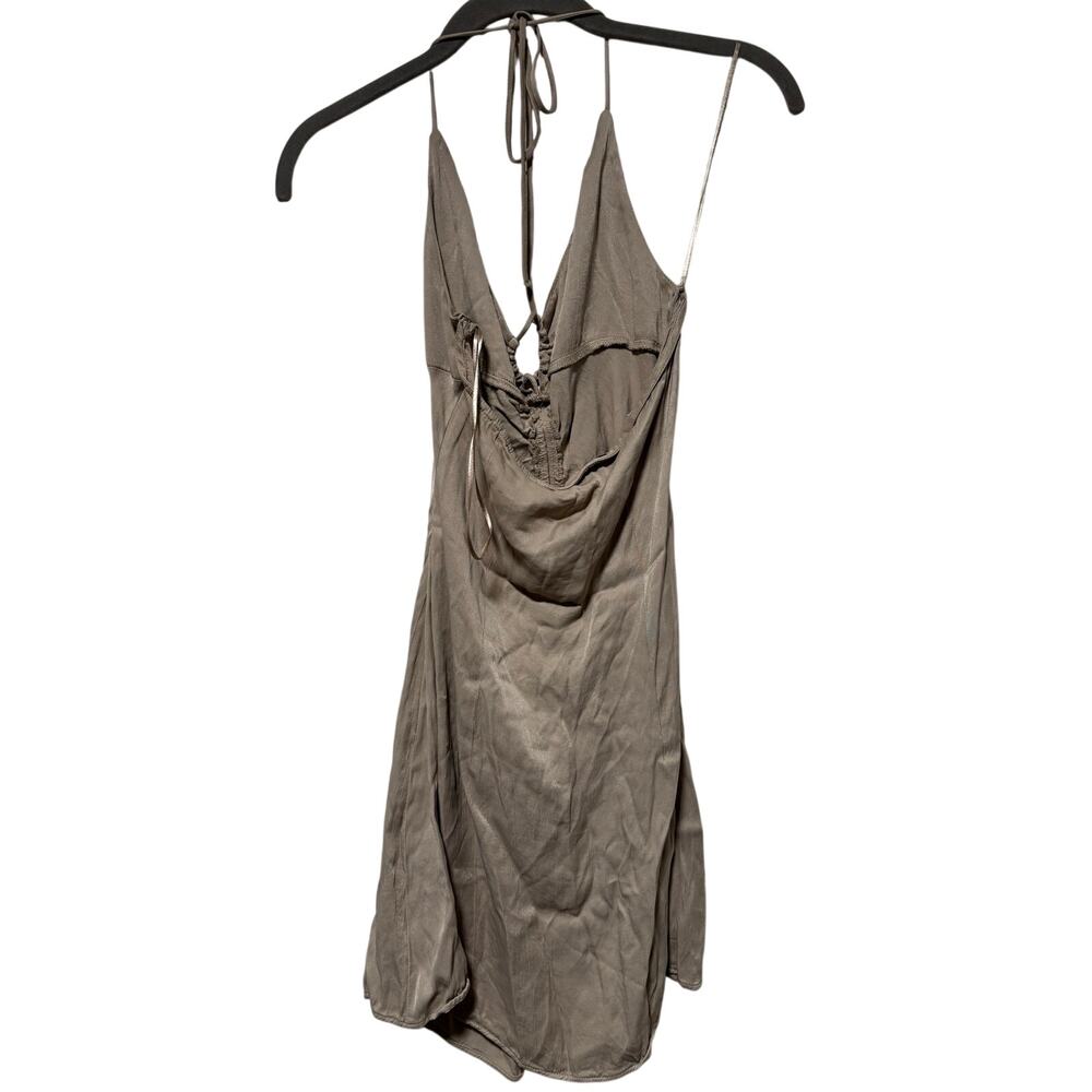 Zara Taupe Halter Mini Dress Womens XS Open Back Ruched Tie A Line Made Turkey - Picture 10 of 11